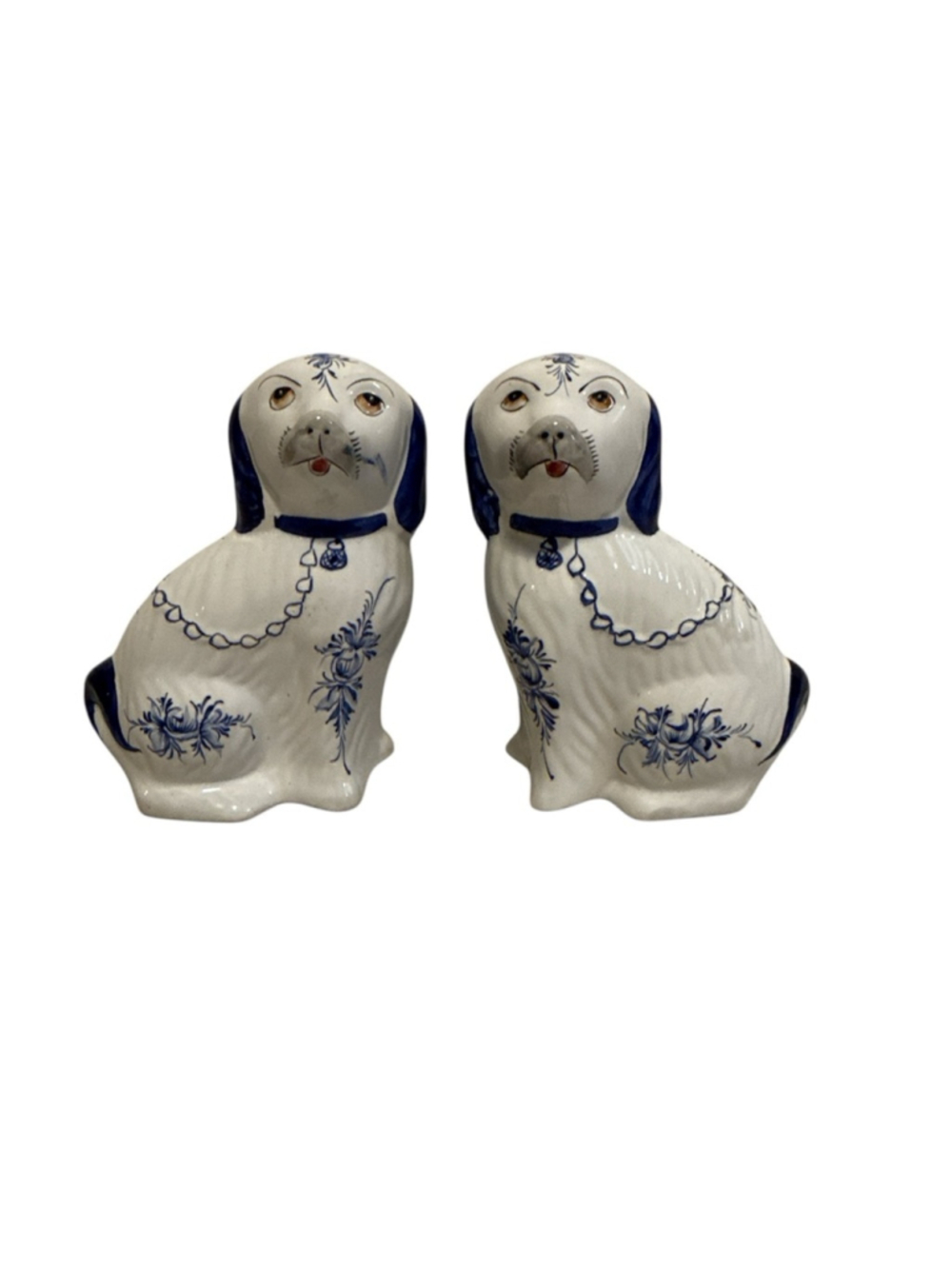 Vintage Pair of Ceramic Portugal Dog Statue White & Cobalt Blue Hand Painted